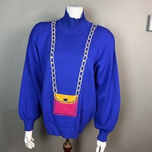 St. John Santana sweater Medium‎ Novelty Blue Mock Neck Chain Embroidered VTG